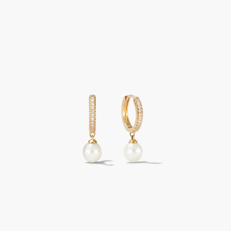 Mejuri Gold Pav Huggie Earrings With White Pearl Drops